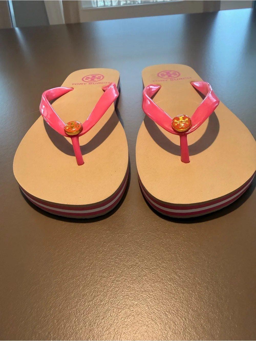 Tory Burch Eva Pink Tan Stripe side Logo Flip Flop Sandals Size 5-6